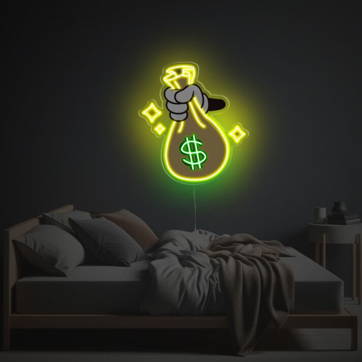 Cartoon Geldsack Neon LED Wandlicht mit Dollar Symbol moderne witzige Lichtdeko für Schlafzimmer Gaming Room Home Office oder kreative Wohnräume