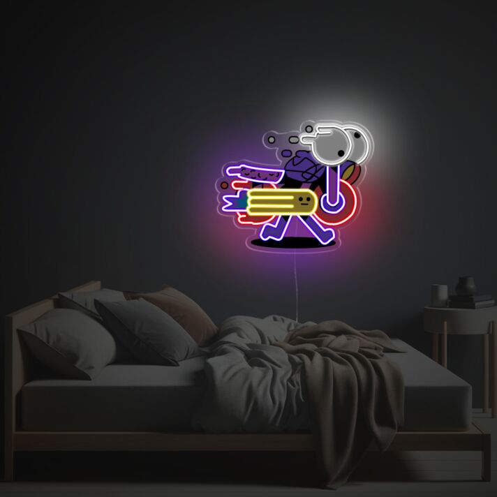 Lustige Cartoon Figur Neon LED Wandbeleuchtung im bunten Comic Stil kreative Leuchtdeko für Jugendzimmer Gaming Room oder moderne Pop Art Einrichtung