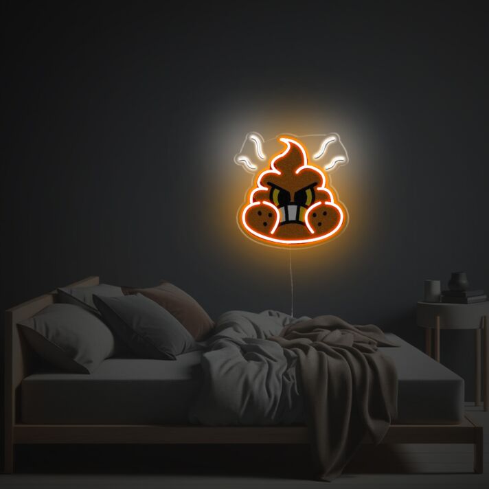 Humorvolles Neon LED Wandbild mit cartoonhafter Emoji Figur verspieltes Lichtdesign für moderne Wohnräume Jugendzimmer oder kreative Dekoration