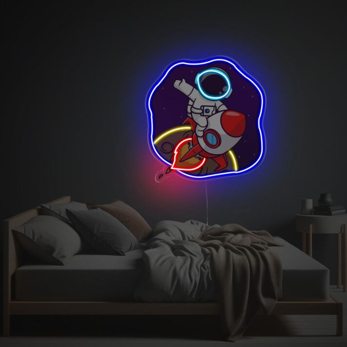 Dekoratives Neon LED Wandlicht mit Astronaut und Raketenmotiv fantasievolle Sci Fi Lichtdekoration für Gaming Zimmer Jugendzimmer oder moderne Wohnräume