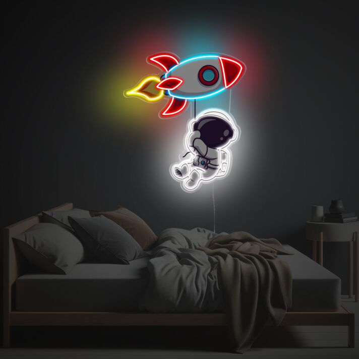 Neon LED Wandlicht mit Astronaut und Rakete verspielte Lichtdekoration für Kinderzimmer Schlafzimmer oder moderne Wohnräume