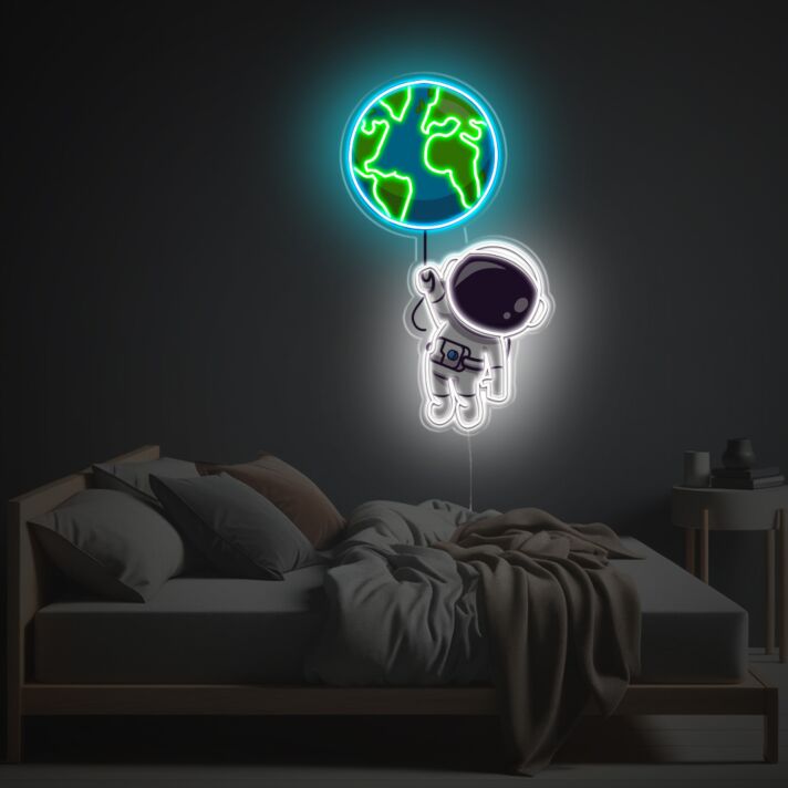 Neon LED Wandlicht mit Astronaut der die Erde hält moderne Lichtdekoration für Kinderzimmer Schlafzimmer oder ruhige Wohnräume