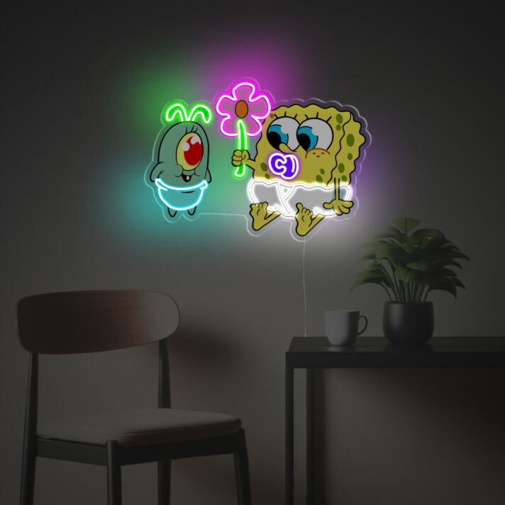 Neon LED Wandbeleuchtung Cartoon Schwammfigur mit Blume liebevolle Lichtdekoration für Kinderzimmer