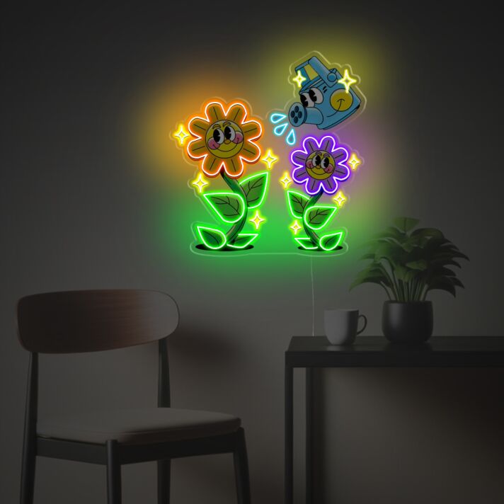 Bunte Neon LED Wanddekoration mit Blumenmotiv und Gießkanne verspielte Lichtdekoration für Kinderzimmer oder kreative Wohnräume