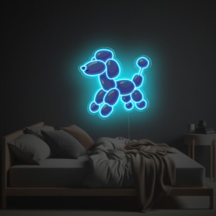 Moderne blaue Neon LED Wandlampe im Ballonhund Design minimalistisches Leuchtobjekt für Wohnzimmer Schlafzimmer oder stilvolle Innenräume