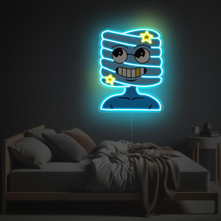 Moderne blaue Neon LED Wandlampe im abstrakten Mumienkopf Design humorvolles Leuchtobjekt für Wohnzimmer Schlafzimmer oder kreative Innenräume