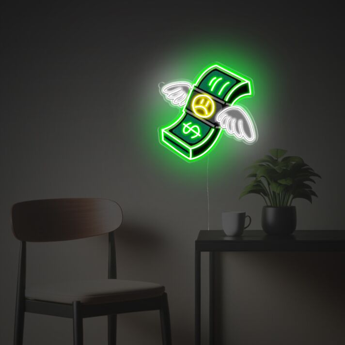 Fliegender Geldschein LED Neonschild mit Symbol Motiv dekoratives Wandlicht