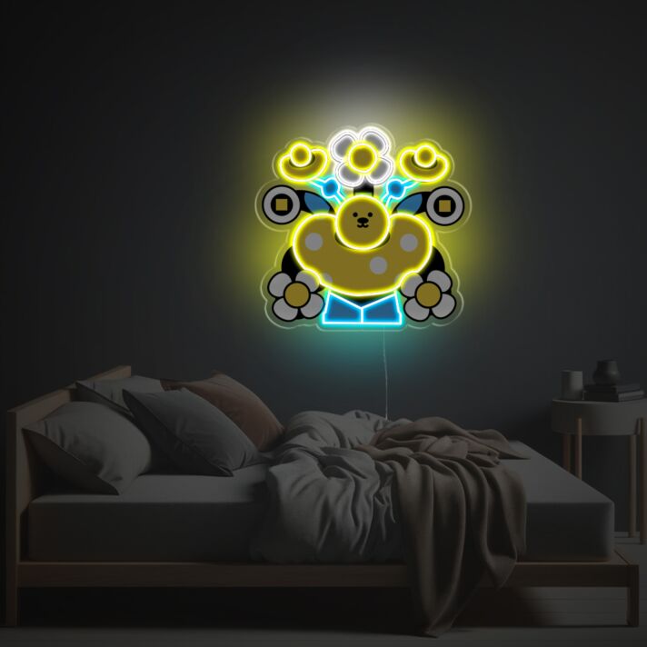 Niedlicher Teddybär LED Neonschild mit Blumenmotiv als dekoratives Wandlicht für Kinderzimmer Schlafzimmer und kreative Räume