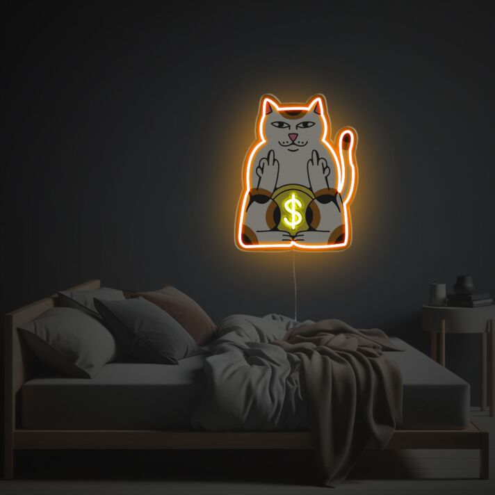 Katze mit Dollarzeichen und provokanter Geste LED-Neonschild Wohnzimmer Schlafzimmer
