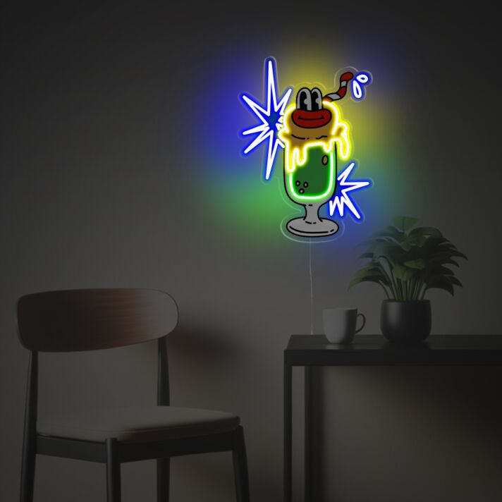Verspieltes Cocktailglas LED Neonschild mit Strohhalm als dekoratives Wandlicht für Bar Wohnzimmer und Party Räume