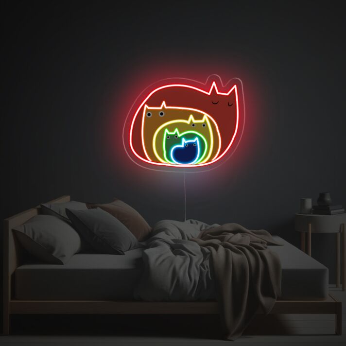 Abstrakte Katzenfamilie LED Neonschild mit mehrfarbigem Design als dekoratives Wandlicht für Wohnzimmer Schlafzimmer und kreative Räume