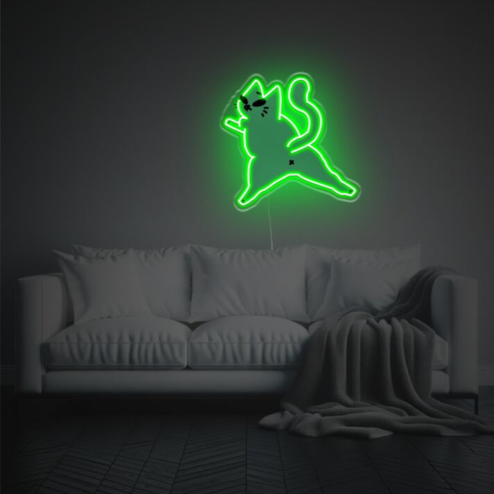 Springende Katze LED Neonschild in minimalistischer Silhouettenform als dekoratives Wandlicht für Wohnzimmer Schlafzimmer und moderne Wohnräume