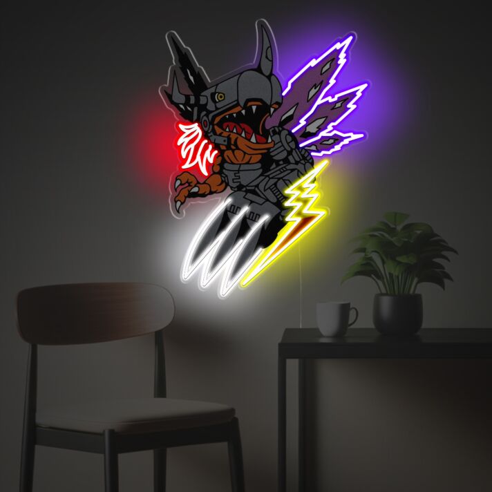 Mechanischer Wolf LED Neonschild mit Blitz Effekten als dekoratives Wandlicht für Gaming Zimmer moderne Wohnräume und kreative Bereiche