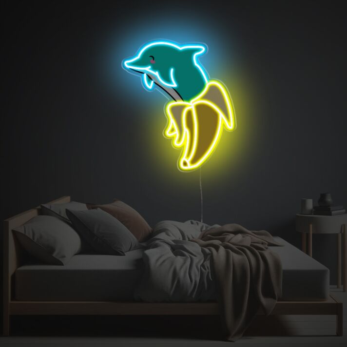 Verspieltes LED Neonschild mit Cartoon Delfin und Banane im modernen Illustration Stil als kreative Neon Wandbeleuchtung