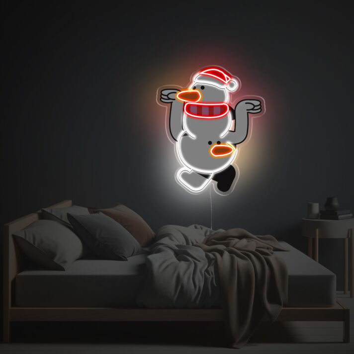 Verspieltes LED Neonschild mit tanzendem Schneemann im Weihnachts Design als festliche Neon Wandbeleuchtung