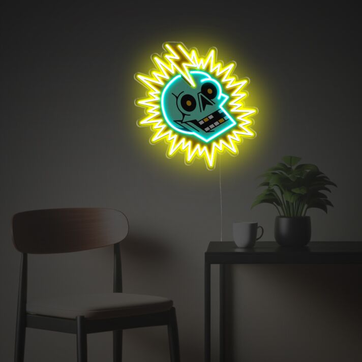 Ausdrucksstarkes LED Neonschild mit Blitz Totenkopf Motiv als moderne Wanddekoration