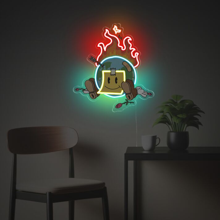 Brennende Erde mit Comic-Gesicht LED-Neonschild für Wohnzimmer oder Gamingzimmer