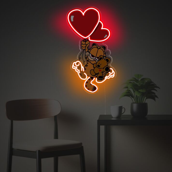Garfield mit rotem Herzballon LED-Neonschild aus Acryl