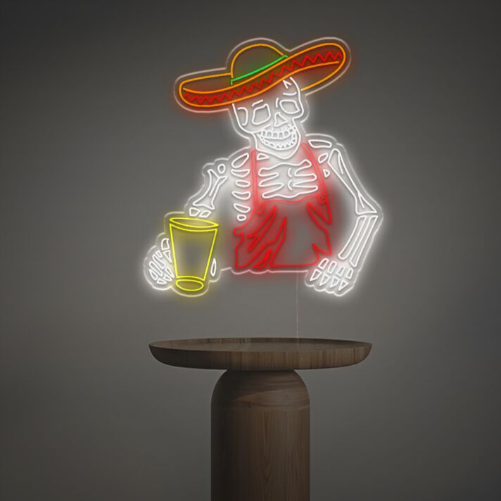 Dekoratives LED Neonschild Skelett mit Sombrero und Drink als festliche Wandbeleuchtung