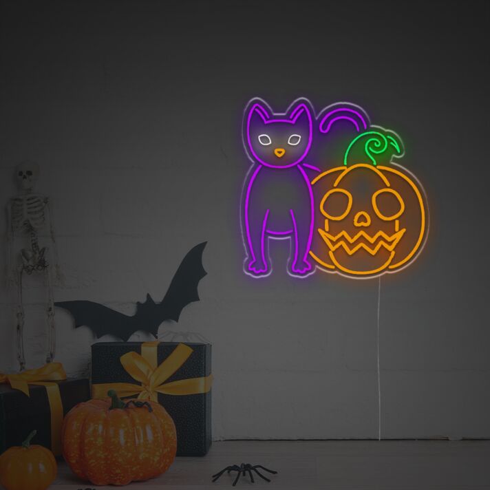 Halloween LED Neonschild mit schwarzer Katze und Kürbis Wanddekoration