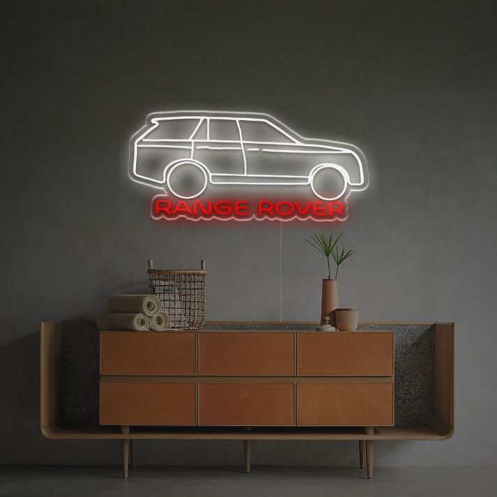 Modernes SUV Auto LED Neonschild in Weiß mit Roter Schrift als Stilvolle Wanddekoration für Wohnzimmer Garage Büro oder Man Cave