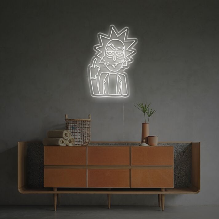 Abstraktes Cartoon Wissenschaftler LED Neonschild mit Markantem Stachelhaar und Provokanter Geste als Moderne Wanddekoration für Gaming Zimmer Man Cave oder Home Bar