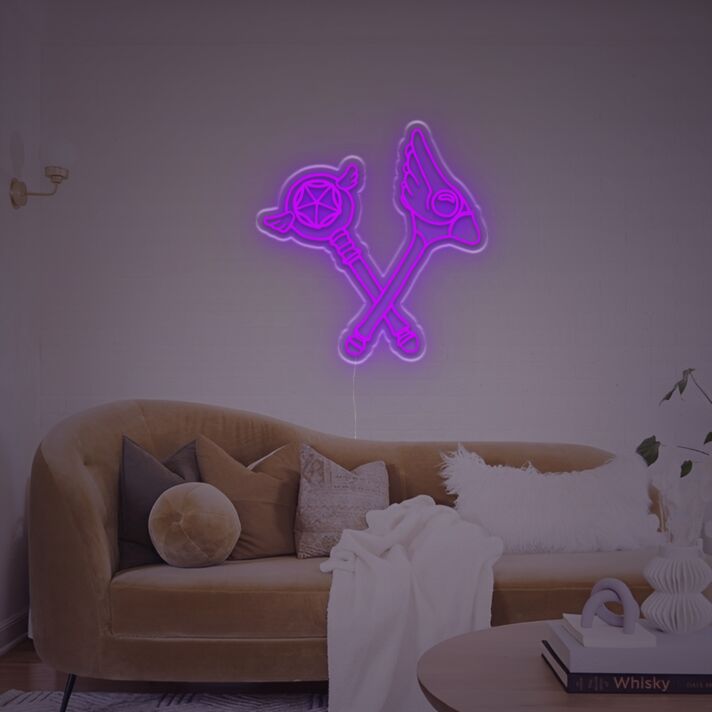 Abstraktes Symbol LED Neonschild mit Gekreuzten Magischen Stäben im Mystischen Linien Stil als Moderne Wanddekoration für Wohnzimmer Kreativraum Gaming Zimmer oder Man Cave