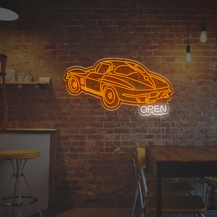 Klassisches Auto LED Neonschild im Retro Design mit OPEN Schriftzug als Leuchtende Wanddekoration für Bar Café Garage Werkstatt oder Geschäft