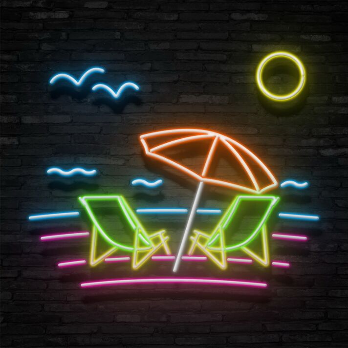 Strand mit Sonnenliegen und Sonnenschirm LED-Neonschild für Wohnzimmer Bar