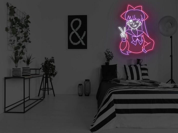 Anime Mädchen mit Victory Handzeichen LED-Neonschild für Schlafzimmer