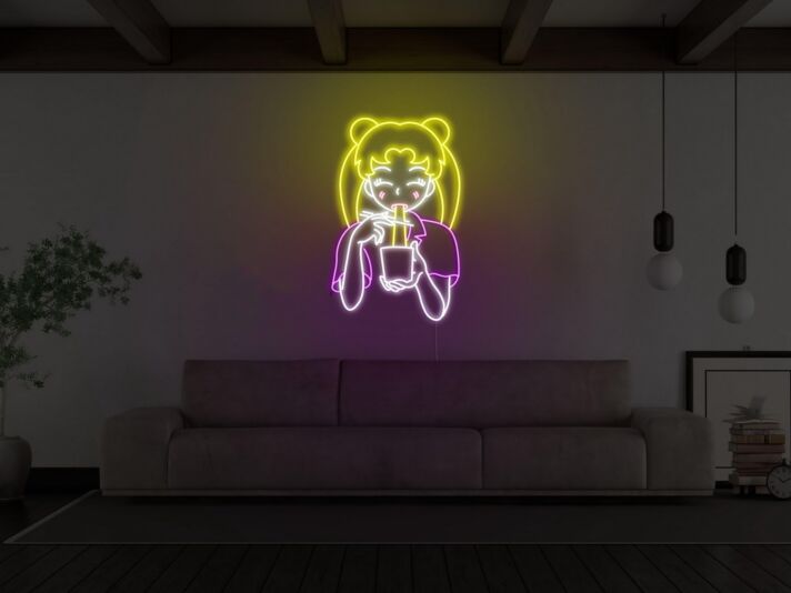 Mädchen mit Bubble Tea LED-Neonschild für Wohnzimmer Café