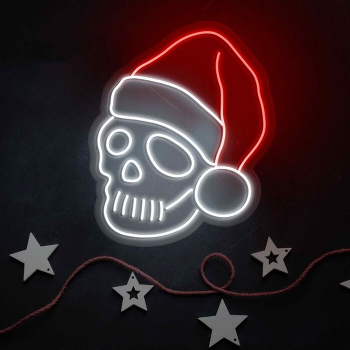 Totenkopf mit Weihnachtsmütze LED-Neonschild für Weihnachten Party