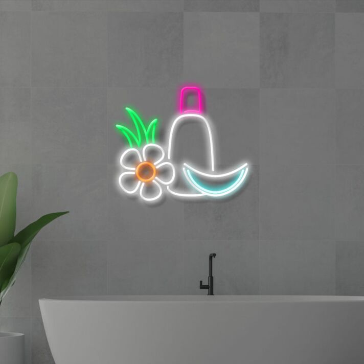 Shampooflasche mit Blume LED-Neonschild für Badezimmer