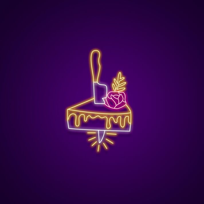 Kuchenstück mit Messer und Rose LED-Neonschild für Café Patisserie
