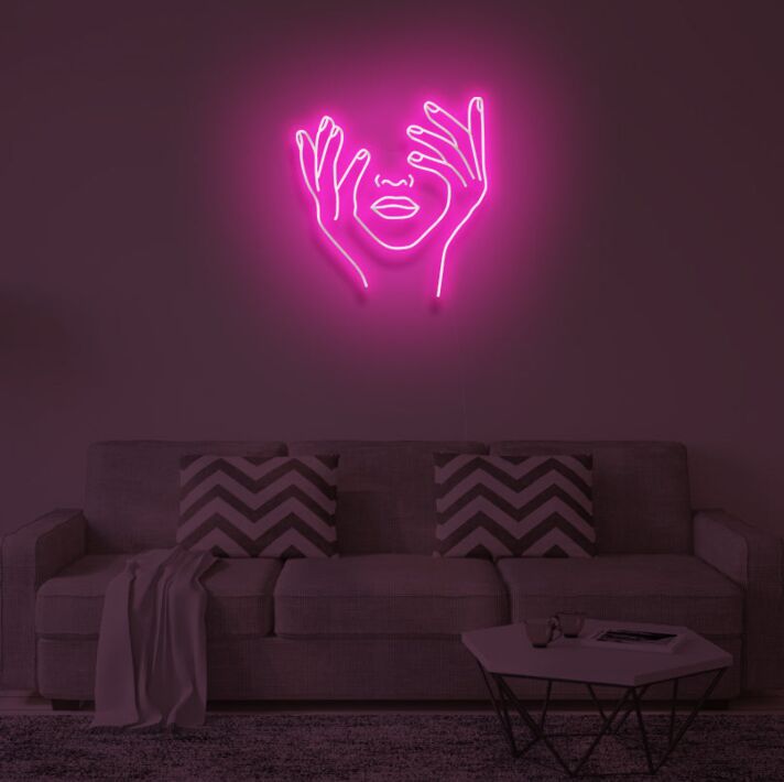 Gesicht mit Händen Linienzeichnung LED-Neonschild für Wohnzimmer Studio