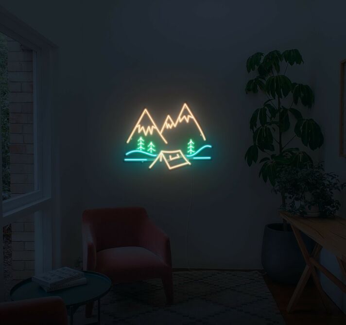 Berglandschaft mit Zelt und Bäumen LED-Neonschild für Wohnzimmer oder Campingplatz