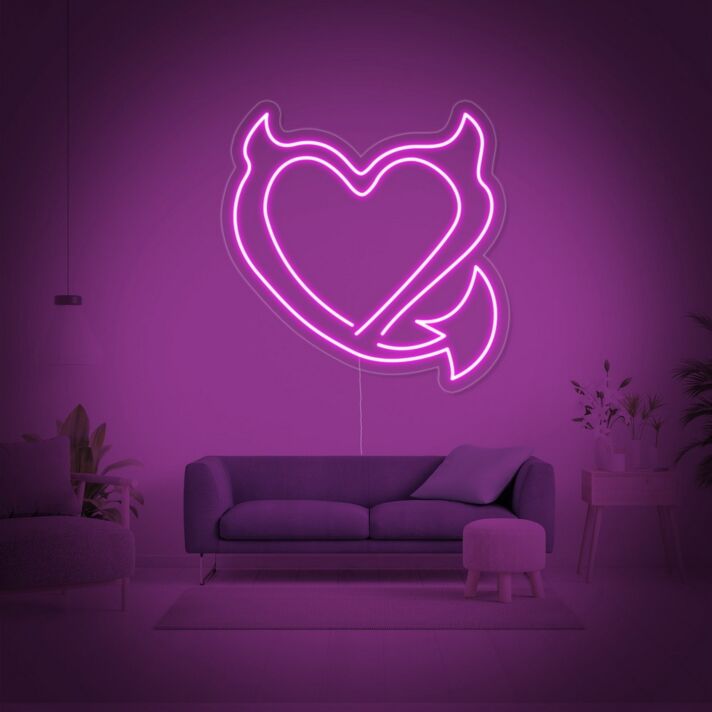 Herz mit Teufelshörnern und Schwanz LED-Neonschild für Wohnzimmer oder Bar