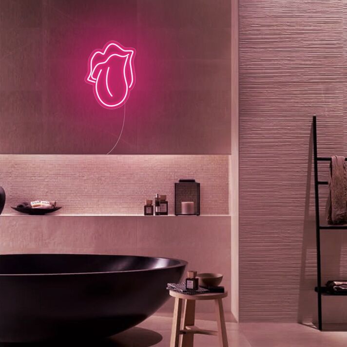 Lippen mit herausgestreckter Zunge LED-Neonschild für Badezimmer oder Wohnzimmer