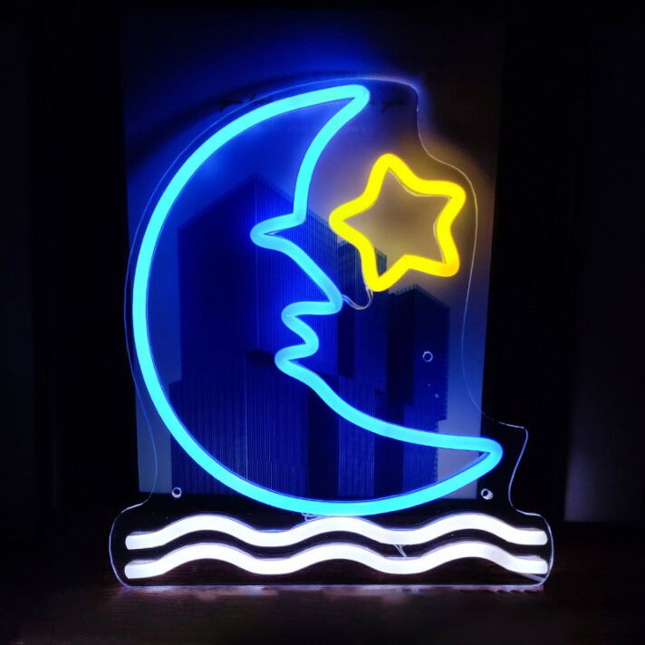 Halbmond mit Stern und Wellen LED-Neonschild für Kinderzimmer Schlafzimmer