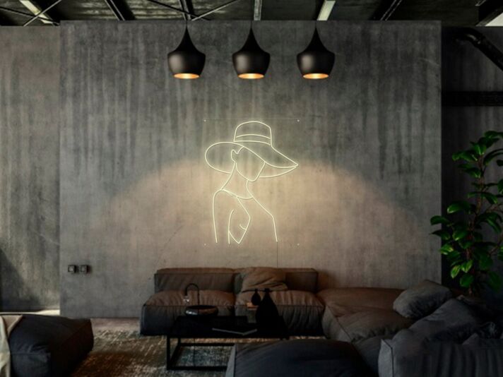 Frau mit großem Hut Linienzeichnung LED-Neonschild Wohnzimmer
