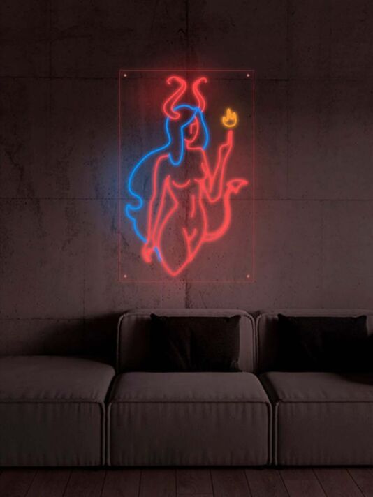 Frau mit Teufelshörnern und Flamme LED-Neonschild Bar Club
