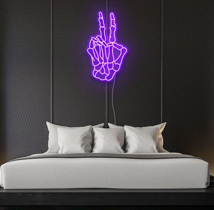 LED Neonschild mit Skelett Hand Peace Zeichen als moderne Wanddekoration für Schlafzimmer Wohnzimmer Studio oder kreative Raumgestaltung