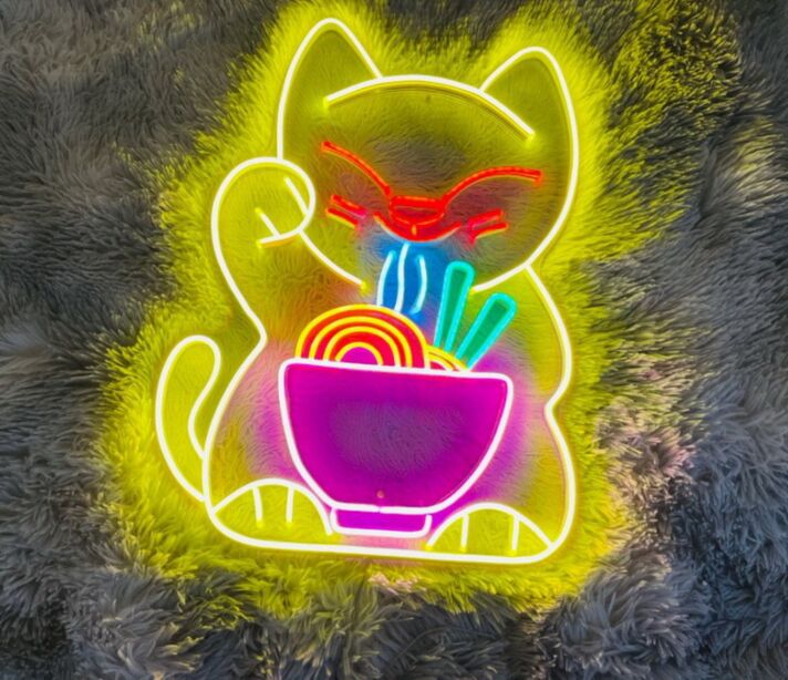 LED Neonschild süße Katze mit Ramen Schüssel als bunte Wandbeleuchtung für Küche Restaurant Ramen Bar Anime Raum oder gemütliche Wohnraumdekoration