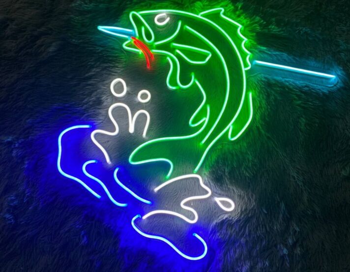 springender Fisch mit Wasserwellen LED-Neonschild für Restaurant Bar
