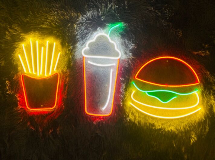 Pommes Milchshake und Burger LED-Neonschild für Restaurant Imbiss