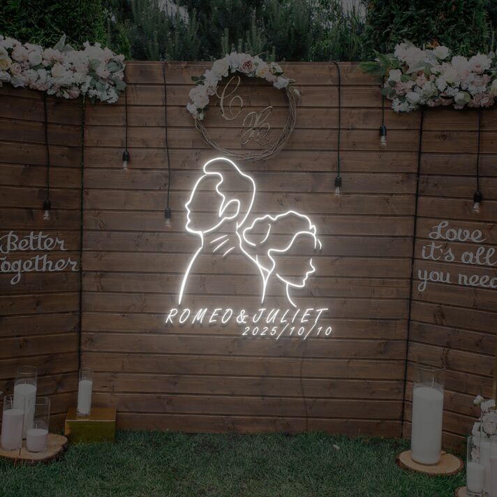 Personalisierte Hochzeits LED Neon Signatur mit Paar Silhouette Namen und Datum