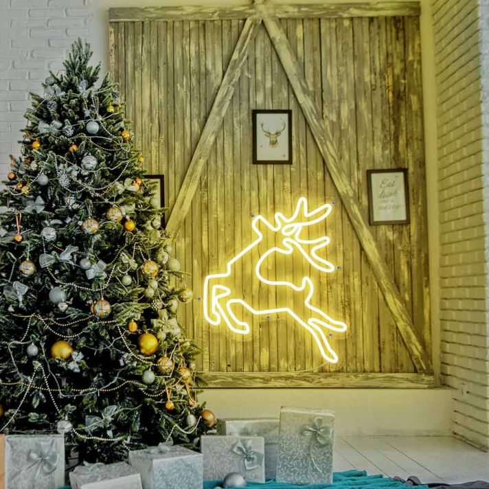 LED Neon Schild Springender Hirsch Als Weihnachtliche Wanddekoration