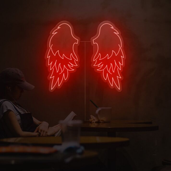 Leuchtende rote Engelsflügel LED Neonschild als moderne Wanddekoration für Studio Café Wohnzimmer und stilvolle Interieurs