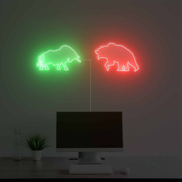 Abstraktes LED Neonschild mit zwei Bären Silhouetten in grün und rot für moderne Wanddekoration