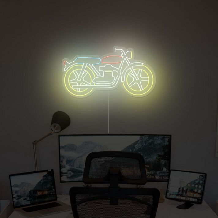 Abstraktes LED Neonschild mit klassischer Motorrad Silhouette für moderne Wanddekoration